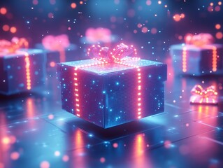 Neon-lit LED gift boxes with geometric patterns glowing brightly floating gifts in a cutting-edge vibrant tech style futuristic sleek aesthetic pure white background, Photorealistic