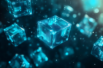 A blue abstract digital composition with floating data blocks and highlights, set against a dark background with shades of blue and teal, creating a futuristic, innovative