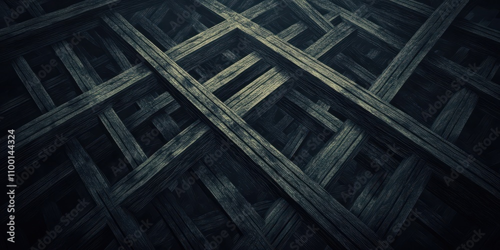 Poster A textured pattern of intersecting wooden planks creates a dark, intricate background, emphasizing depth and structure.