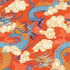 Obraz premium Chinese New Year Tile Seamless Patterns, Traditional Chinese Dragon Motifs for New Year Celebration