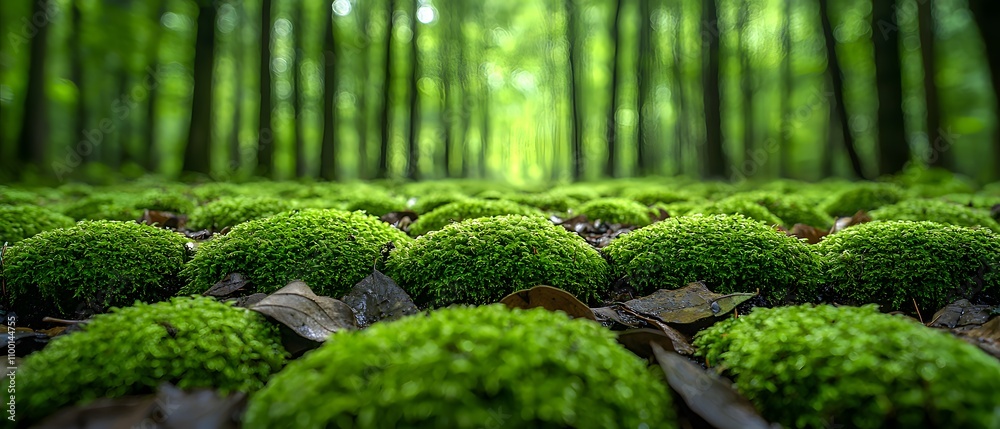 Poster lush green moss covering forest floor with trees in background, creating a tranquil and serene atmos