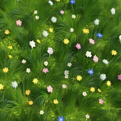 A top-down view of the ground covered with lush green grass and scattered spring flowers in full bloom.