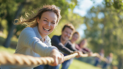 Smiling group of friends pulling a rope in a lively game of tug-of-war on a sunny day in the park.