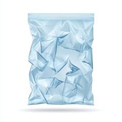 A crushed plastic water pouch with deep folds, twisted edges, and a torn spout, isolated on a clean white background for a recycling narrative, Photorealistic