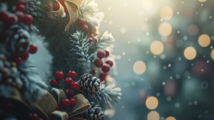 Frosty Christmas wreaths, with pinecones, berries, and festive ribbons, snowy accents, holiday designs close-up