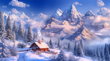 Winter scene landscape, majestic snow-covered mountains, clear blue sky, cozy wooden cabin, 4K, bright colors