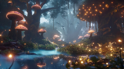 Magical Fantasy Forest with Glowing Mushrooms & Butterflies in 4K, mystical, ethereal light. book covers, poster, vibrant colors