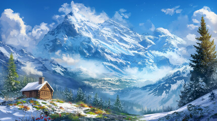 Winter scene landscape, majestic snow-covered mountains, clear blue sky, cozy wooden cabin, 4K, bright colors