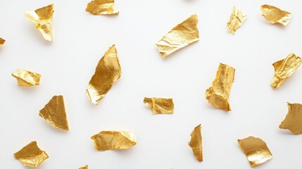 Naklejka premium Edible gold leaf pieces displayed on a white background, viewed from above. 