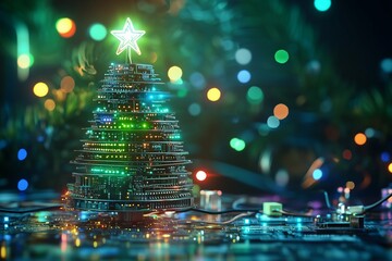 A creative and futuristic Christmas tree designed using microchips and circuit boards, perfect for tech enthusiasts and modern holiday decorations