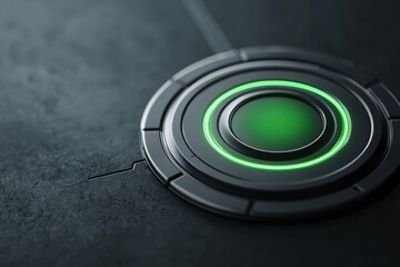 Naklejka premium Register confirmation conceptual. A sleek, circular button with a glowing green ring, set against a dark textured background, suggesting a modern technological interface.