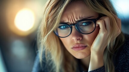 Naklejka premium Woman contemplating life's challenges indoor urban setting emotional portrait close-up view reflecting on inner strength and resilience