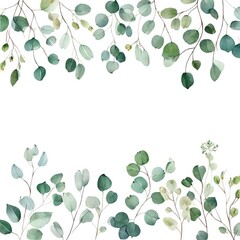 Floral Watercolor Banner with Eucalyptus Branches on White Background. Created with generative AI technology