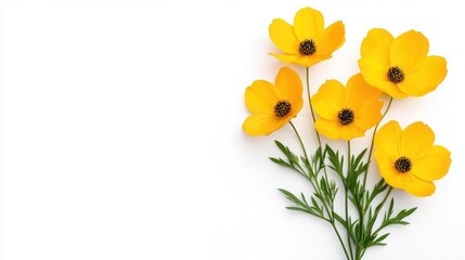 A photostock of bright yellow cosmos flowers blooming vibrantly, isolated on a plain white background, ideal for natural or cheerful designs. High Quality