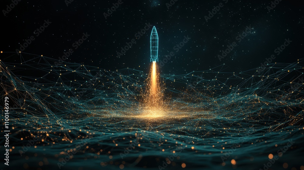 Poster a futuristic rocket launches into a digital cosmos, surrounded by glowing particles and a network of