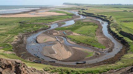 A winding river flows through green landscapes, meeting the ocean in a serene coastal scene.