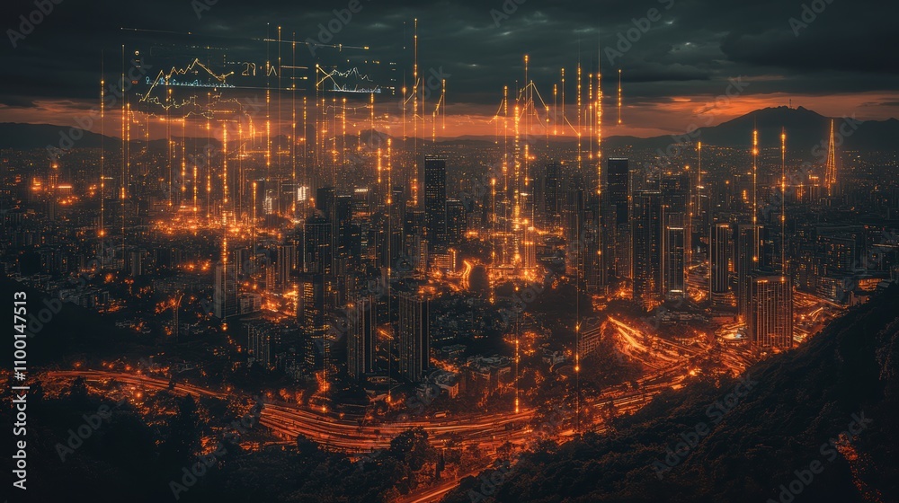 Poster A vibrant cityscape illuminated by glowing lines and structures against a dark sky, creating a futuristic and surreal atmosphere.