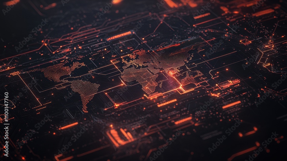 Poster a futuristic digital world map illuminated with glowing orange lines and circuits, symbolizing techn