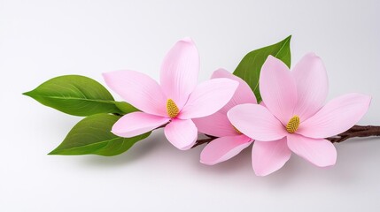 A photostock of delicate pink magnolia flowers in full bloom, arranged artistically on a plain white background, great for floral or spring-themed designs. High Quality