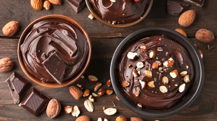 Three bowls of chocolate spread topped with nuts and chocolate pieces on a wooden surface.