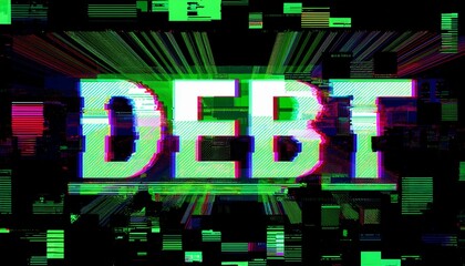 Debt Glitch: A distorted, pixelated text graphic of the word "DEBT," rendered in a neon green hue with pink and blue glitches, against a dark green background.