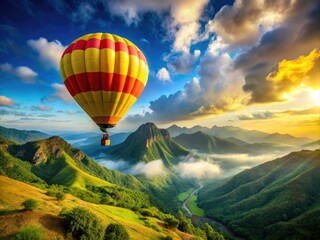 Fototapeta premium Two men drift in a vivid yellow-red hot air balloon, soaring above summer mountains, embodying the thrill of urban exploration and the beauty of vibrant landscapes.