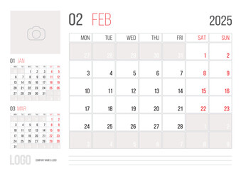 Calendar 2025 planner corporate template design February month
