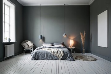Fototapeta premium Serene Minimalist Studio with Grey Wall and White Plank Floor Bathed in Soft Lighting