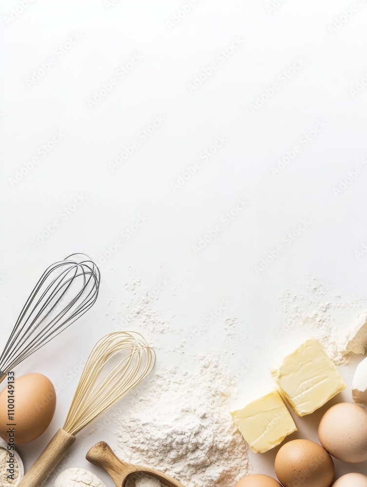 Poster flour, eggs, a whisk, and butter are neatly arranged on a white surface, creating a perfect setup fo