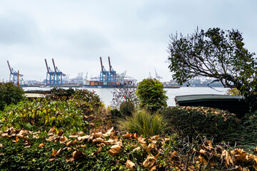 Hamburg mit Elbe und Hafenkränen, Deutschland