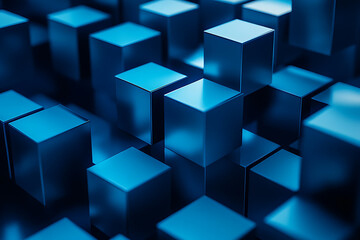 Obraz premium A blue abstract digital composition with floating data blocks and highlights, set against a dark background with shades of blue and teal, creating a futuristic, innovative