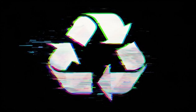 Recycle Glitch: A digital art piece showcases a distorted, glitching recycle symbol, symbolizing the future of sustainability and technological advancement.
