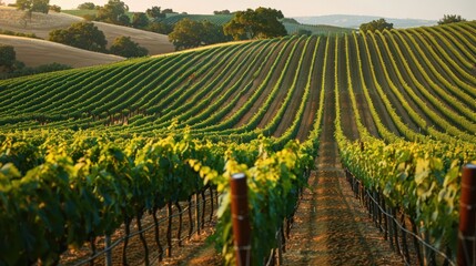 Fototapeta premium Lush vineyard rows stretch across rolling hills under a warm sunset.