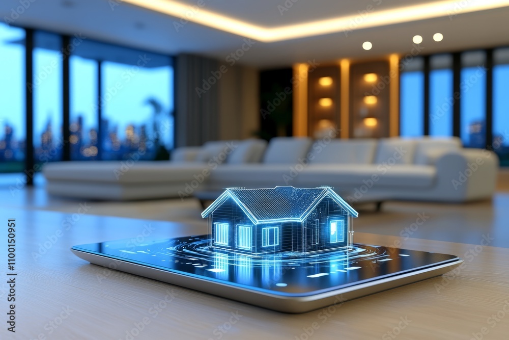 Aufkleber A futuristic 3D illustration of a smart home automation interface, with holographic controls floating above a sleek desk