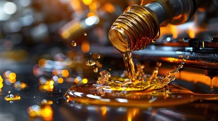 An oil spill from a metallic nozzle creating splashes on a reflective surface.