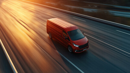 Naklejka premium Red van speeding through empty highway at sunrise.