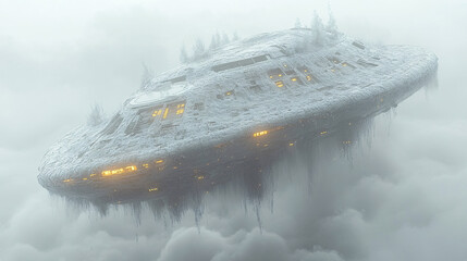 UFO, an alien saucer hovering over the field, hovering motionless in the air. Unidentified flying object, alien invasion, extraterrestrial life, space travel, spaceship. mixed media.