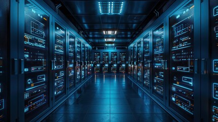 Fototapeta premium A modern server room filled with high-tech data storage equipment and illuminated displays.