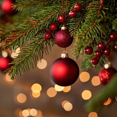 Obraz premium A festive close-up of a Christmas tree branch adorned with red ornaments and shimmering lights, creating a warm holiday atmosphere.