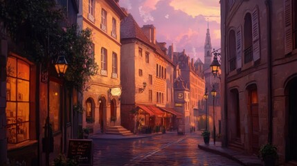 Naklejka premium Oil painting of a European city street at dusk, featuring warm buildings and a tranquil atmosphere 