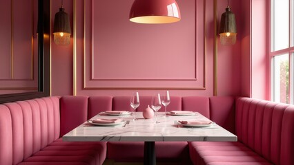 A premium pink restaurant booth mockup with plush velvet upholstery, gold accents, and ambient lighting, paired with a marble table.