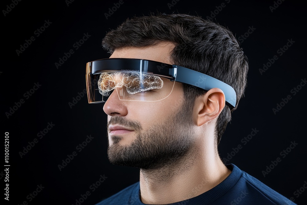 Poster A futuristic attention-tracking device glowing on a user forehead, with a holographic display showing brain activity