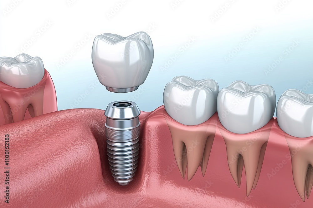 Poster a porcelain crown is being placed on a dental implant in a close-up view, showcasing precise details