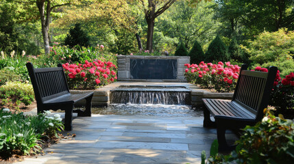 Peaceful garden featuring a memorial plaque, cascading fountain, benches, and vibrant roses surrounded by lush greenery under sunlight.