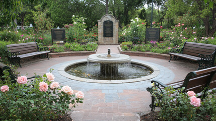 Obraz premium Serene rose garden with a circular fountain, memorial plaques, and benches surrounded by blooming flowers and lush greenery.