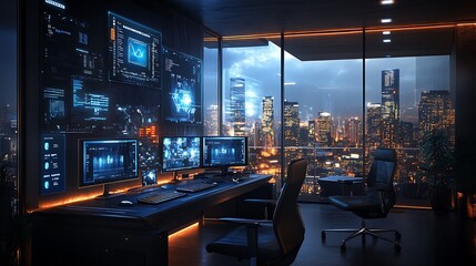Futuristic office setup with city view modern technology nighttime
