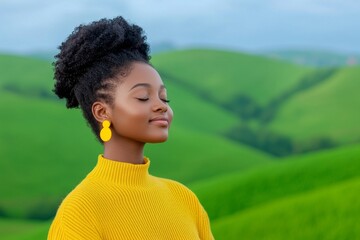 A peaceful woman on a digital detox for mental wellness, enjoying a break in Fandango attire.
