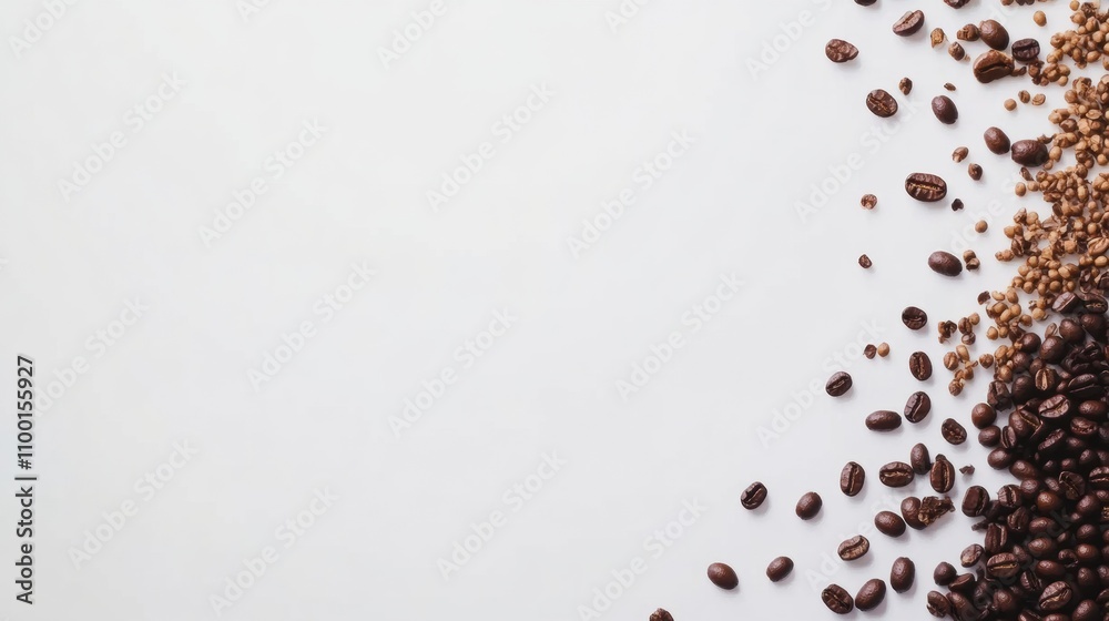 Poster various types of coffee beans are spread across a clean white background, inviting creativity and pe