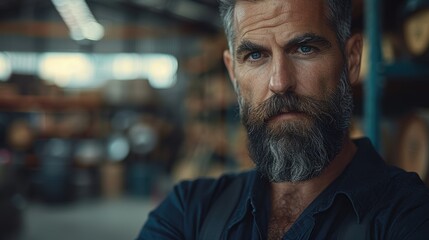 Obraz premium A thoughtful and introspective man with a well-groomed beard stands in an industrial setting, looking contemplative and confident amidst the machinery