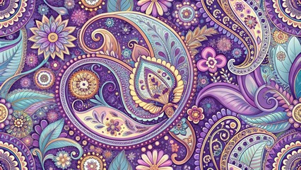 Vibrant purple pastel paisley background perfect for architectural photography, showcasing intricate designs and ethnic patterns, offering rich cultural aesthetics and inspiring interior decor ideas.